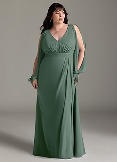 Azazie Matilda Bridesmaid Dresses Eucalyptus A-Line Long Sleeve Chiffon Dress image13