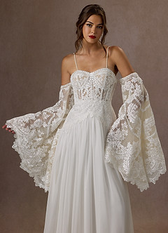 Azazie Rhya Hochzeitskleider A-Linie Schulterfrei Spitze Kleid Diamantweiß Champagner image14