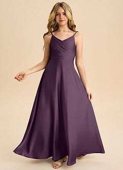 Azazie Bug Junior Plum A-Line Pleated Stretch Satin Dress image2