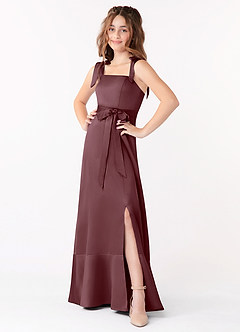 Azazie Barbara Junior Sangria A-Line Bow Stretch Satin Dress image1
