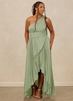 Christian Siriano Bridal for Azazie 1008 Bridesmaid Dresses Dusty Sage A-Line One Shoulder Stretch Satin Dress image11