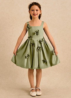 Azazie Lillian Flower Girl Dresses Moss Green Ball-Gown Pleated Matte Satin Dress image3