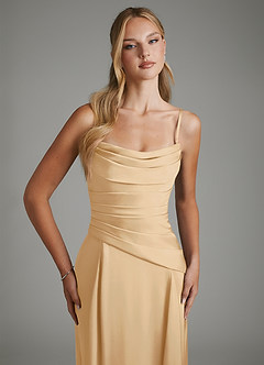 Azazie Gabriela Bridesmaid Dresses Gold A-Line Corset Stretch Satin Dress image3