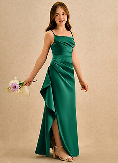 Azazie Cannoli Girls Formal Robe Demoiselle D'honneur Fillette Robe Trapèze en Mat Satiné Plissée émeraude image1
