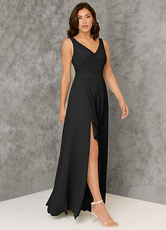 Azazie Kori Bridesmaid Dresses Black A-Line Pleated Chiffon Dress image1