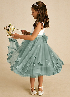 Azazie Sprout Flower Girl Dresses Silver Sage A-Line Bow Tulle Dress image4