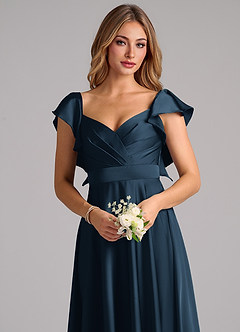Azazie Leilani Vestidos de damas de honor Vestido Azul Marino Oscuro de Satén Elástico de Línea A con Drapeado image5