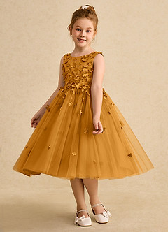 Azazie Lana Robe Demoiselle D'honneur Fillette Robe Trapèze en Mat Satiné Sans manches Caramel écossais image3
