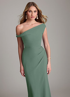 Azazie Emerson Bridesmaid Dresses Eucalyptus Sheath Off the Shoulder Chiffon Dress image2