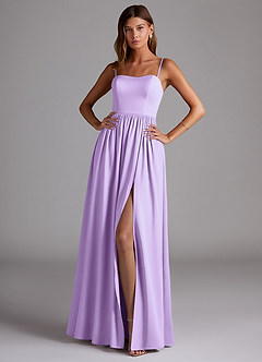 Azazie Calianna Bridesmaid Dresses Lilac A-Line Off the Shoulder Stretch Satin Convertible Dress image1