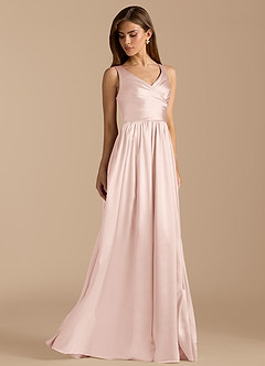 Azazie Keyla Bridesmaid Dresses Blushing Pink A-Line Pleated Metallic Satin Dress image4