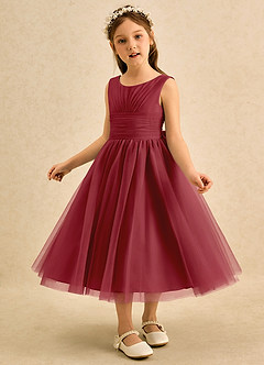 Azazie Macaron Flower Girl Dresses Pomegranate A-Line Pleated Tulle Dress image4