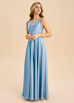 Azazie Popsy Junior Taupe A-Line Bow Stretch Satin Dress image4