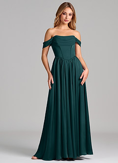 Azazie Raisa Robes de demoiselle d'honneur Robe Trapèze en Satin extensible Épaule décolletée Vert Pin image4