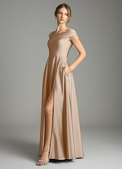 Azazie Melanie 신부 들러리 드레스 A라인 오프 더 숄더 스트레치 새틴 바닥 길이 드레스 image4