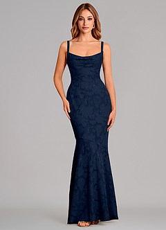 Azazie Aubrey Brautjungfernkleider Meerjungfrau-Linie Schleifen Blumen-Burnout Kleid Dunkelmarine image1