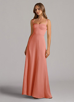 Azazie Amaris Bridesmaid Dresses Coral A-Line Corset Stretch Satin Dress image2