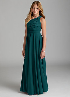 Azazie Charlize Junior Abito A-Line in Maglia Verde Pavone image3