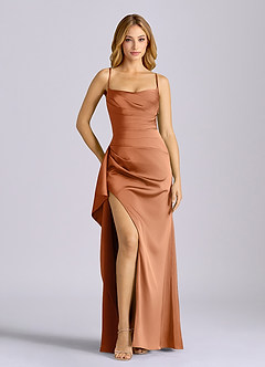 Azazie Sarai Suknie dla druhen Osłona Gorset Satyna elastyczna Do ziemi Sukienka image1