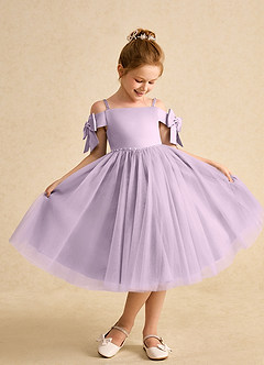 Azazie Amie Flower Girl Dresses Frosted Lilac A-Line Off the Shoulder Matte Satin Dress image1