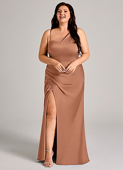Azazie Madelyn Robes de demoiselle d'honneur Robe Sirène Convertible en Satin extensible Ue épaule Bronze image15