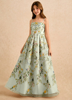 Azazie Lark Girls Formal Blomsterpigekjoler A-Line Plisseret Blonder Gulv-længde Kjole image3