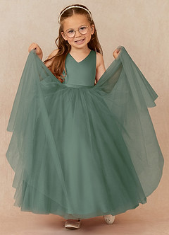 Azazie Marybell Flower Girl Dresses Eucalyptus A-Line Bow Tulle Dress image3