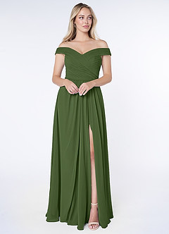 Azazie Audrianna Bridesmaid Dresses Olive A-Line Off-The-Shoulder Gathered Chiffon Convertible Dress image1
