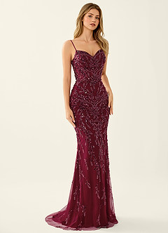 Zivah Burgundy Beaded Corset Lace Up Back Mermaid Dress