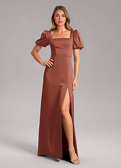 Azazie Fyona Bridesmaid Dresses Auburn A-Line Pleated Stretch Satin Dress image1