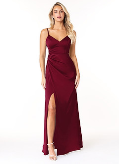Azazie Marchella Bridesmaid Dresses Burgundy A-Line Corset Stretch Satin Dress image1