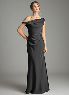 Azazie Emerson Bridesmaid Dresses Black Mermaid Off the Shoulder Stretch Satin Dress image1