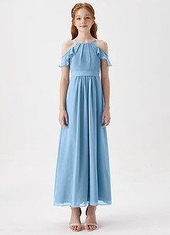 Azazie Chaya Junior Steel Blue A-Line Off the Shoulder Chiffon Dress image3