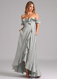 Azazie Lyra Bridesmaid Dresses Silver A-Line Off the Shoulder Stretch Satin Convertible Dress image3