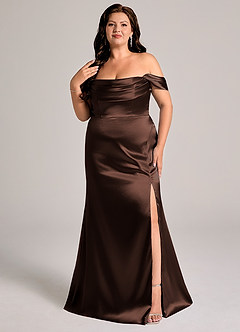 Azazie Saige Brautjungfernkleider Wandelbar Etui Schulterfrei Metallischer Satin Kleid Ganache image10