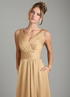 Azazie Karina Bridesmaid Dresses Gold A-Line Pleated Stretch Satin Dress image7