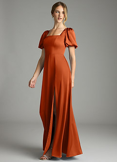 Azazie Fyona Bridesmaid Dresses Burnt Orange A-Line Pleated Stretch Satin Dress image4