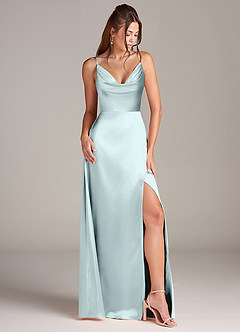 Azazie Sarella Brautjungfernkleider A-Linie mit Taschen Metallischer Satin Kleid Nebel image3