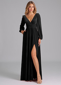 Azazie Norah Bridesmaid Dresses Black A-Line Long Sleeve Velvet Dress image3