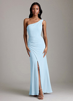 Azazie Madelyn Vestidos de damas de honor Vestido de Azul Cielo de Gasa de Corte Sirena Convertible con Hombro unilateral image7