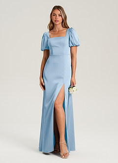 Azazie Fyona Bridesmaid Dresses Powder Blue A-Line Pleated Stretch Satin Dress image10