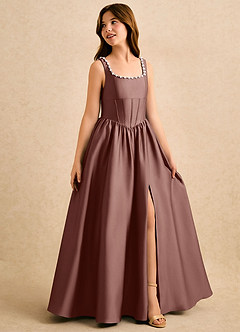 Azazie Enid Girls Formal Flower Girl Dresses Espresso A-Line Beaded Stretch Satin Dress image3