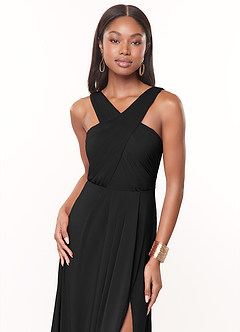 Azazie Brandie Vestidos de damas de honor Vestido de Negro de Chifón elástico de Corte en A con Plisado image5
