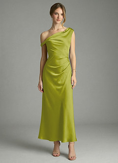 Azazie Emerson Bridesmaid Dresses Lemongrass Mermaid Off the Shoulder Stretch Satin Dress image5