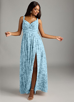 Azazie Chanel Bridesmaid Dresses Blue Fern Floral A-Line Pleated Chiffon Dress image4