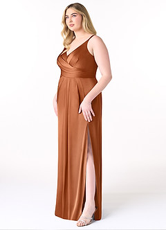 Azazie Aqua Bridesmaid Dresses Copper A-Line V-Neck Pleated Stretch Satin Dress image10