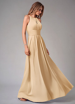 Azazie Bonnie Bridesmaid Dresses Gold A-Line Pleated Stretch Satin Dress image4