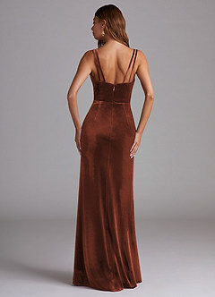Azazie Leo Bridesmaid Dresses Terracotta Sheath Pleated Velvet Dress image2