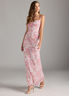 Azazie Mai Bridesmaid Dresses Abstract Watercolor Floral Sheath Pleated Chiffon Dress image4