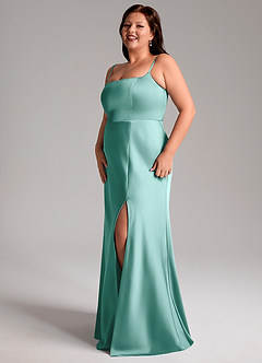 Azazie Lidia Vestidos de damas de honor Vestido de Aqua de Satén Elástico de Corte Sirena con Corte Lateral image11